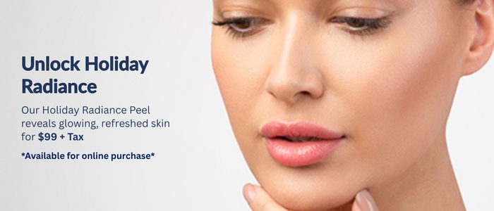 Close-up of woman with glowing skin promoting Holiday Radiance Peel.