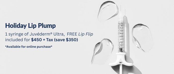 Juvéderm syringe with gel drops promoting Holiday Lip Plump offer.