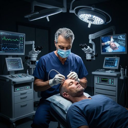 dr-jones-surgery Dr. Jones performing a hair transplant on a patient.