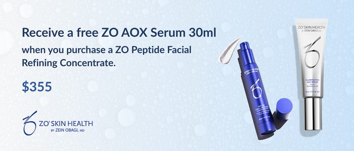 Receive a free ZO ZOX Serum 30ml when you purchase a ZO Peptide Facial Refining Conctrate March Promotion.