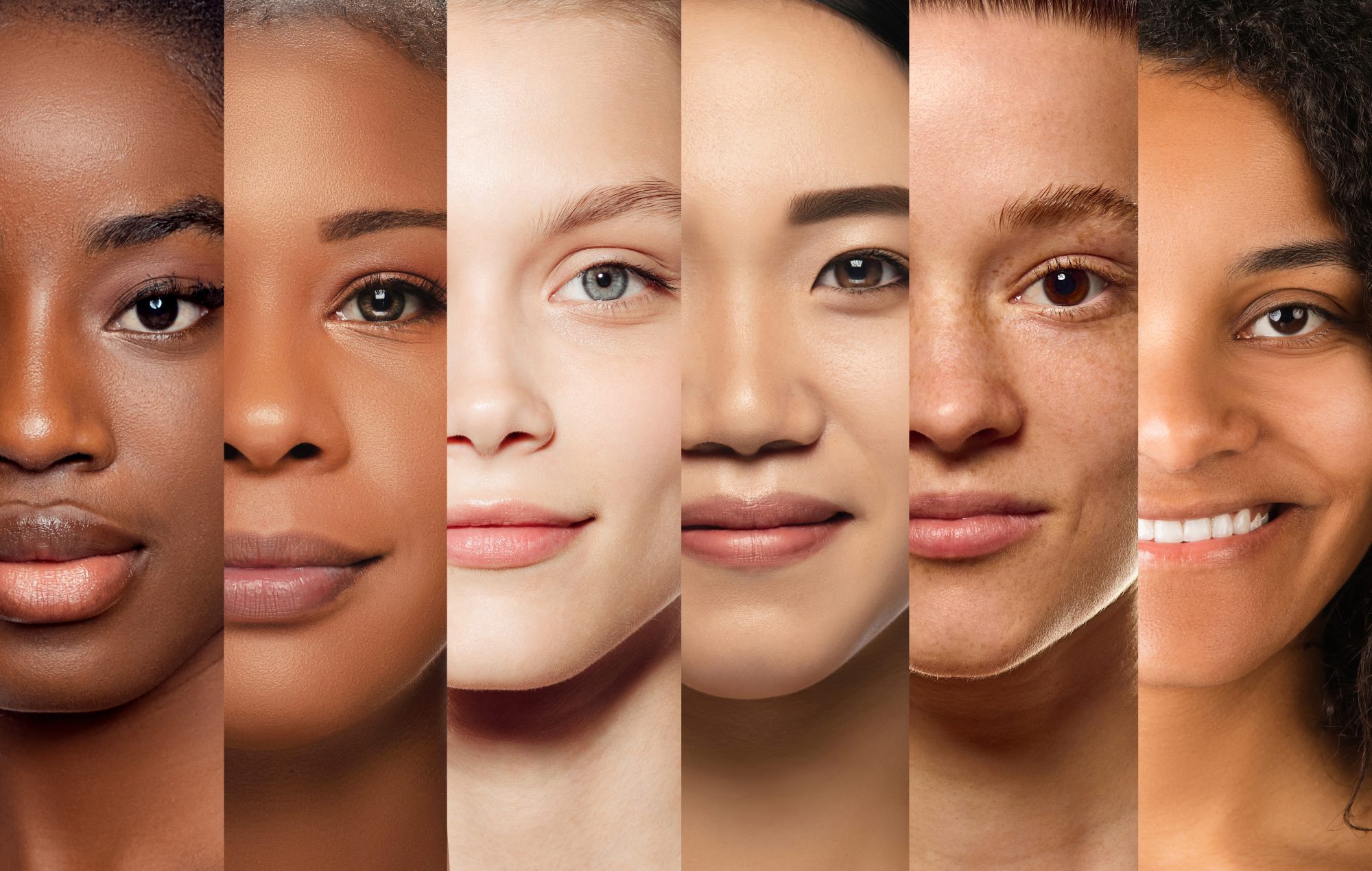 Close-up collage of six people with different skin tones, textures and facial features.