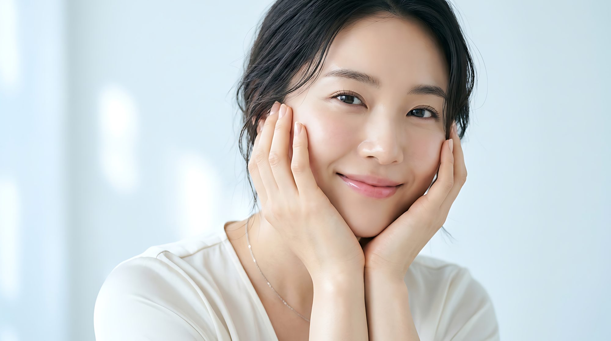 Smiling woman gently holding her cheeks against a bright blue background to highlight clear, radiant skin.